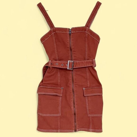 Burnt orange/ terracotta denim overall denim zip-up dress W/belt  by H&M. Size M - Picture 1 of 9